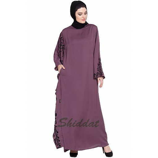 Embroidered abaya with Butterfly sleeves- Plum color